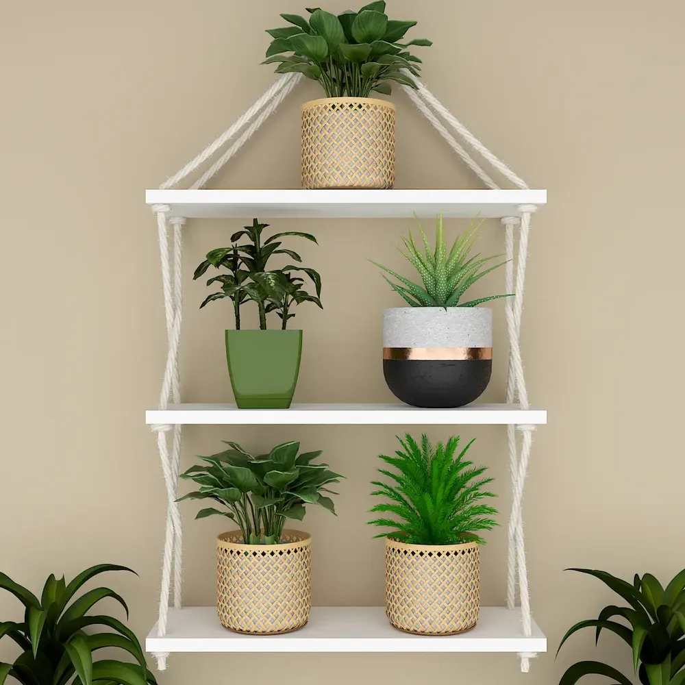 Cross Rope Wooden Wall Shelf White