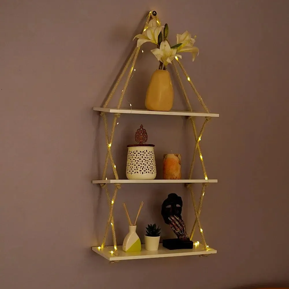 Cross Rope Wooden Wall Shelf White