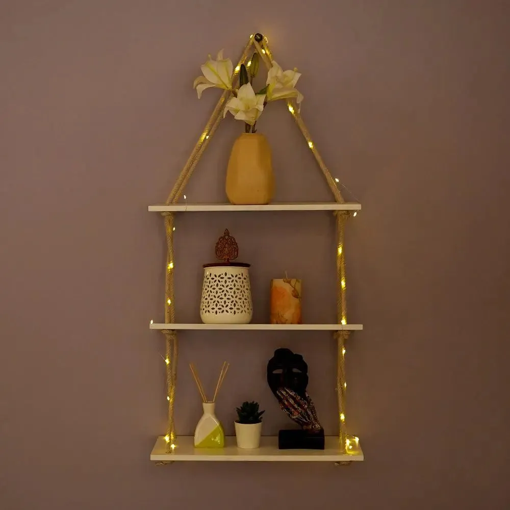 Cross Rope Wooden Wall Shelf White