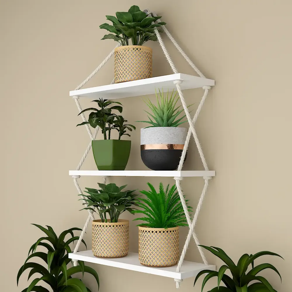 Cross Rope Wooden Wall Shelf White