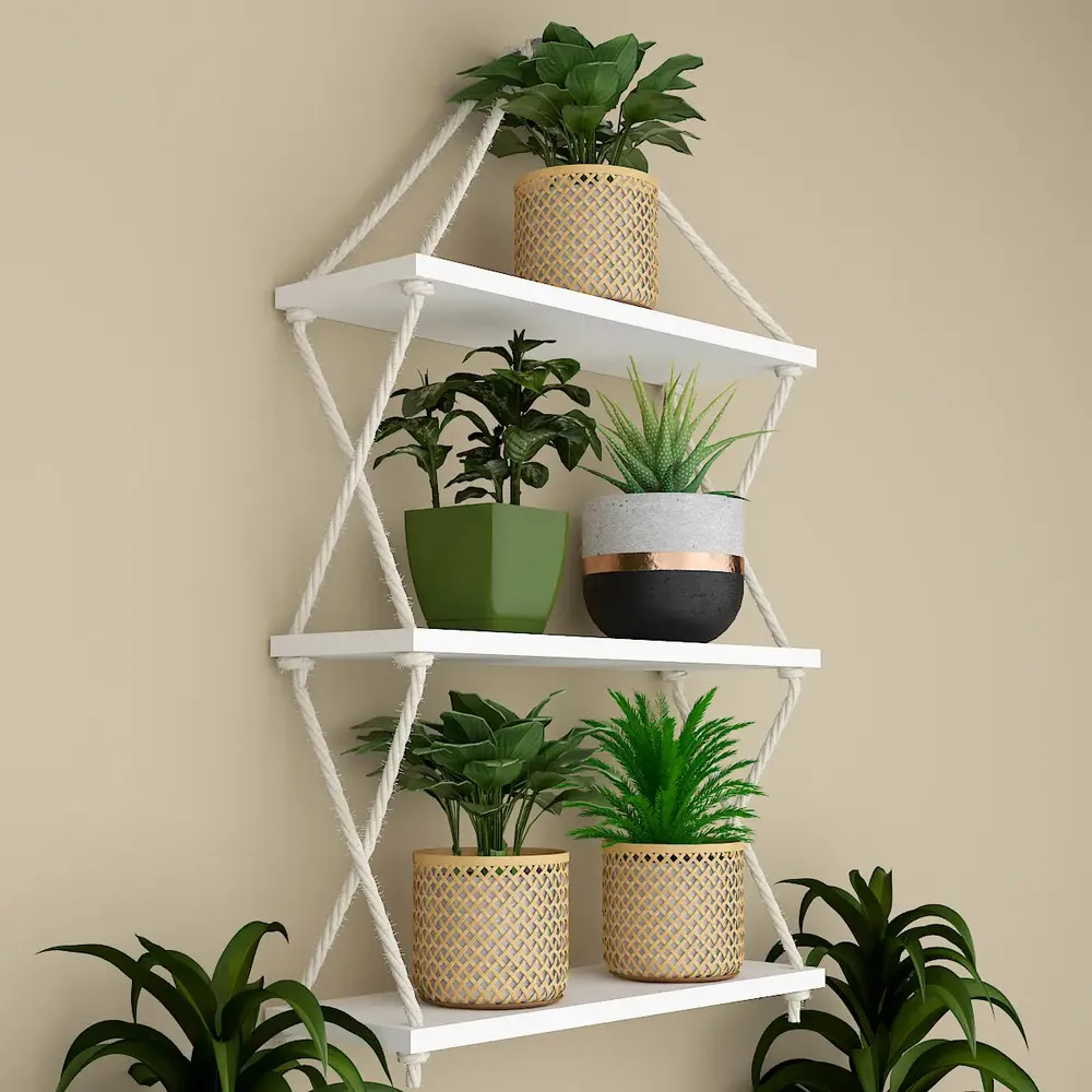 Cross Rope Wooden Wall Shelf White