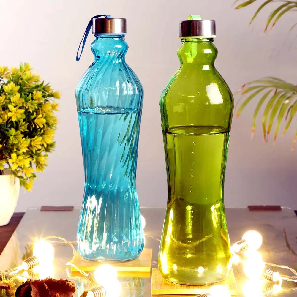 Crystal Clear Blue &amp; Green Transparent Glass Bottles Set Of 2