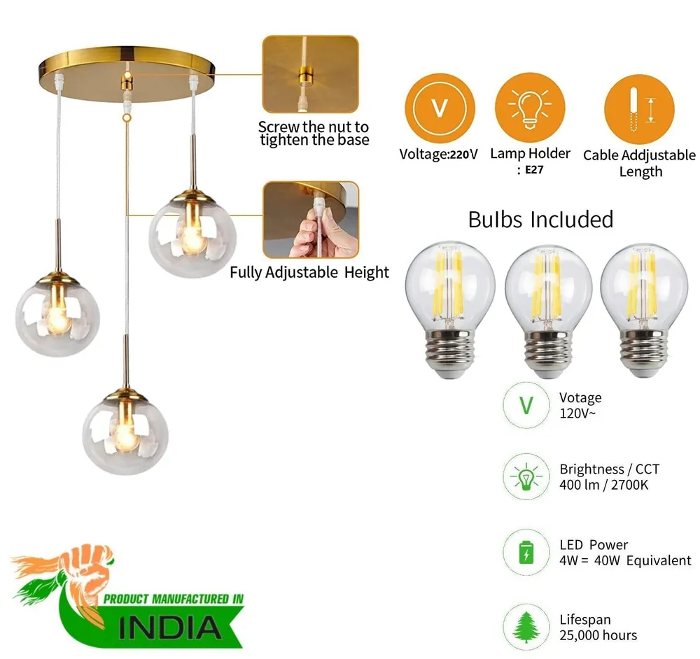 Crystal Clear Triplet Globes Pendant Light Single Piece