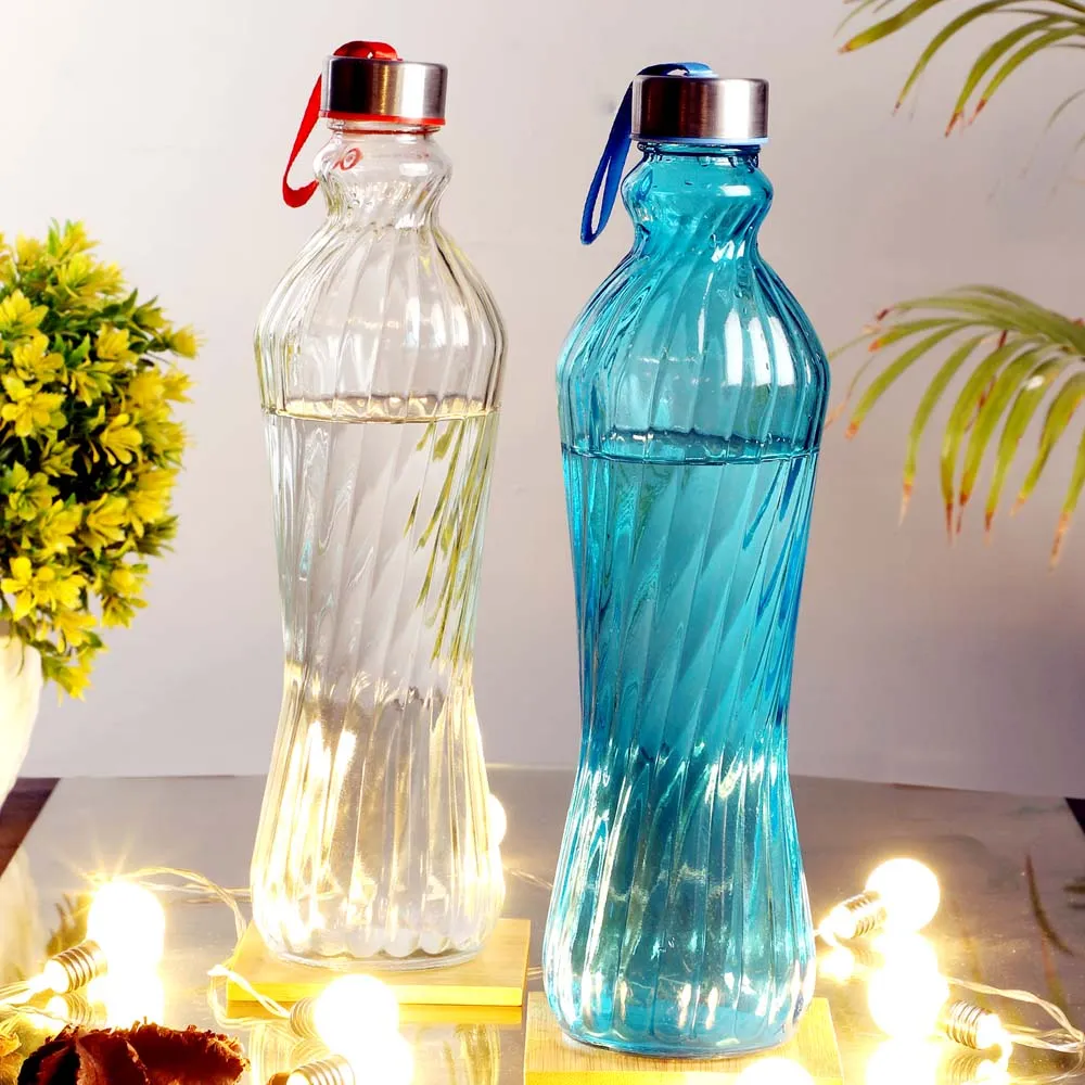 Crystal Clear White &amp; Blue Transparent Glass Bottles Set Of 2