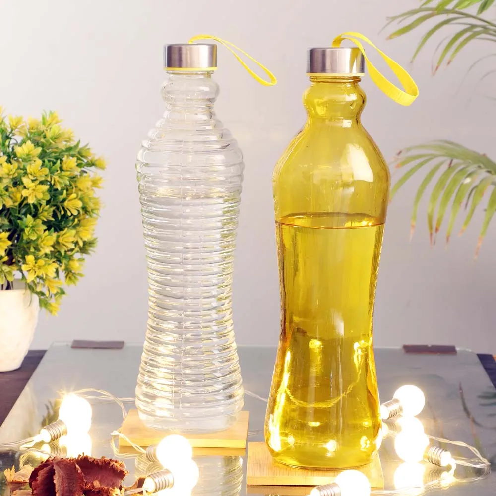 Crystal Clear White &amp; Yellow Transparent Glass Bottles Set Of 2