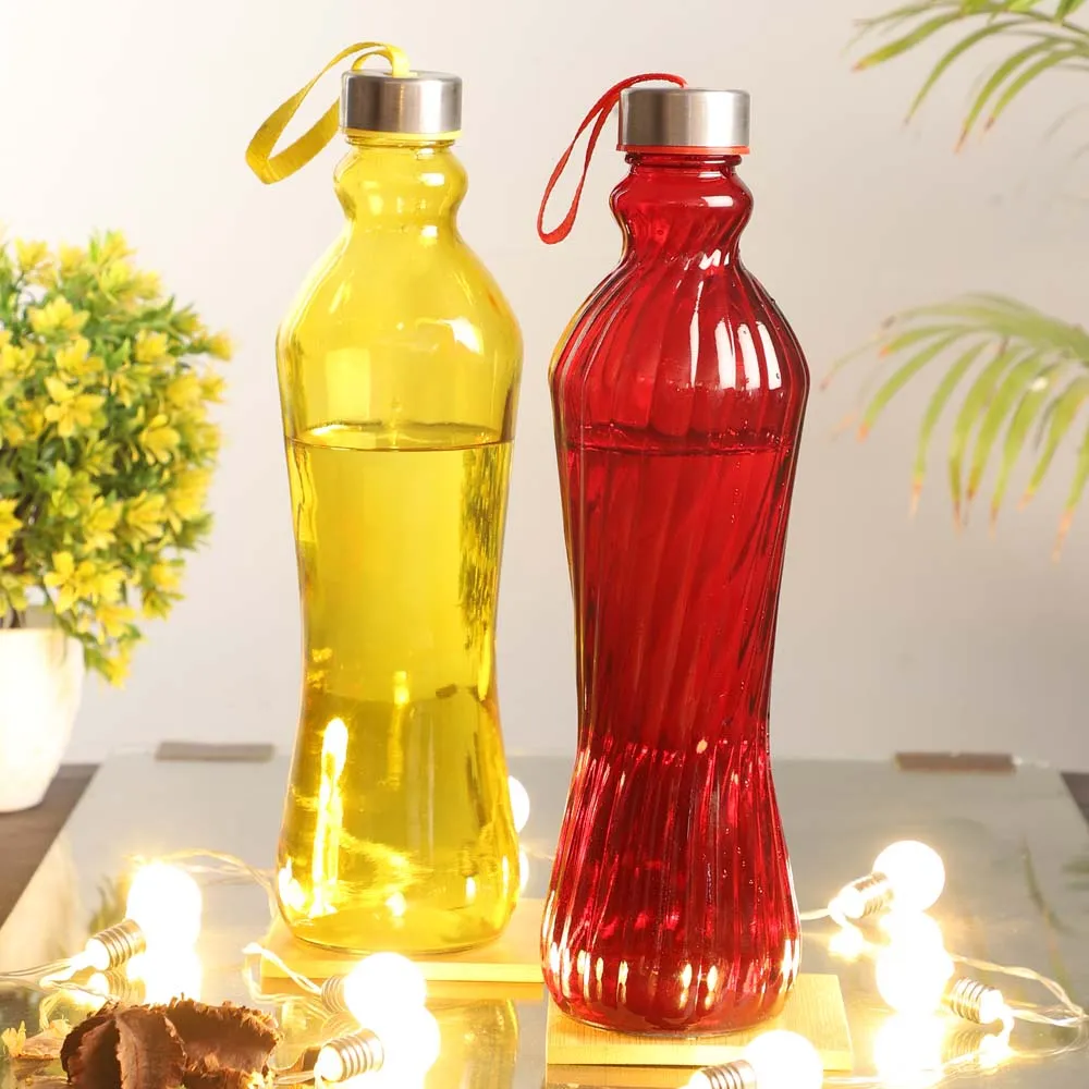 Crystal Clear Yellow &amp; Red Transparent Glass Bottles Set Of 2