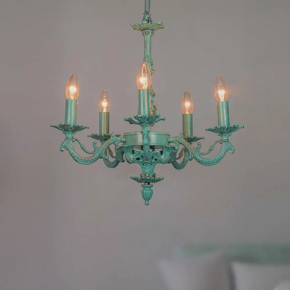 Curved Arms Aluminum Framed Sea Green 5 lights Chandelier