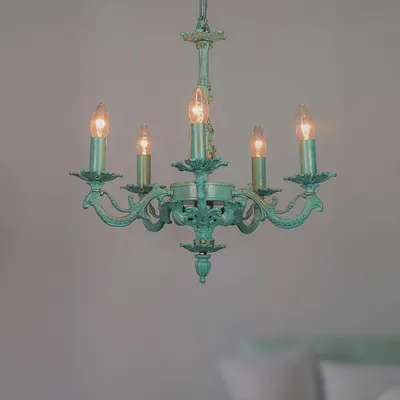 Curved Arms Aluminum Framed Sea Green 5 lights Chandelier