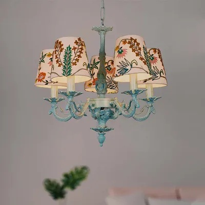 Curved Arms Aluminum Framed Sea Green White Embroidered 5 lights Chandelier