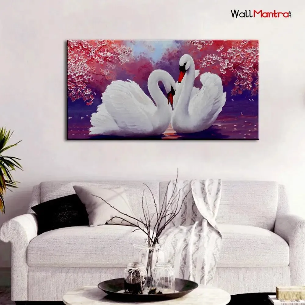 cust Romantic Couple of Swans Wall Painting Canvas  Wall Hanging Big Panoramic