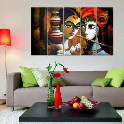 Custom Beautiful Radha Krishna Wooden Framed 5 Pieces Folk Art Canvas Painting