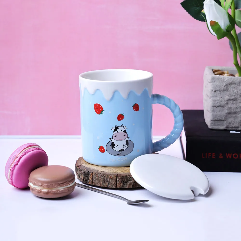 Cute Cow & Strawberries Printed Blue Mug