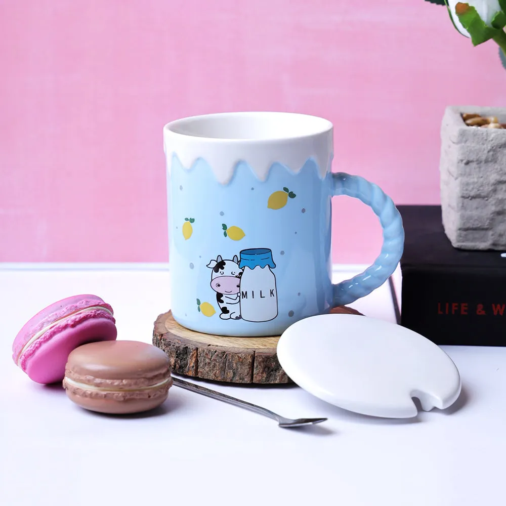 Cute Cow With Mangoes Printed Blue Mug