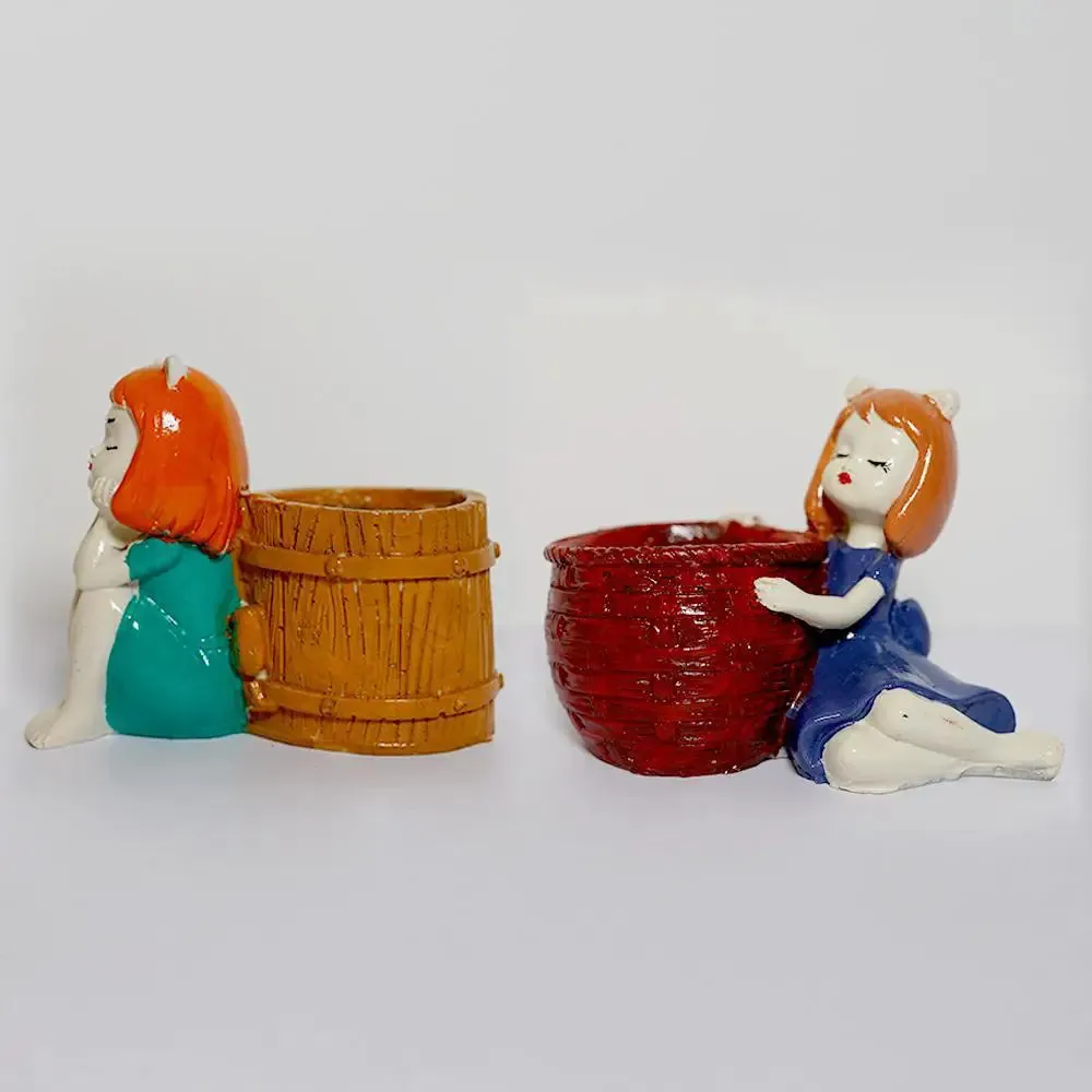 Cute Dolls with Bucket Desk Planter Flower Pot for Home Decor Set of 2