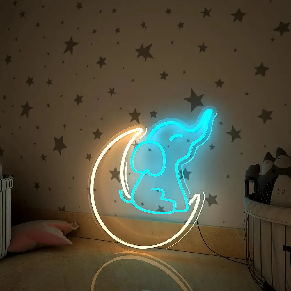 Cute Little Elephant Moon LED Neon Light (Available in multiple colors) Pink