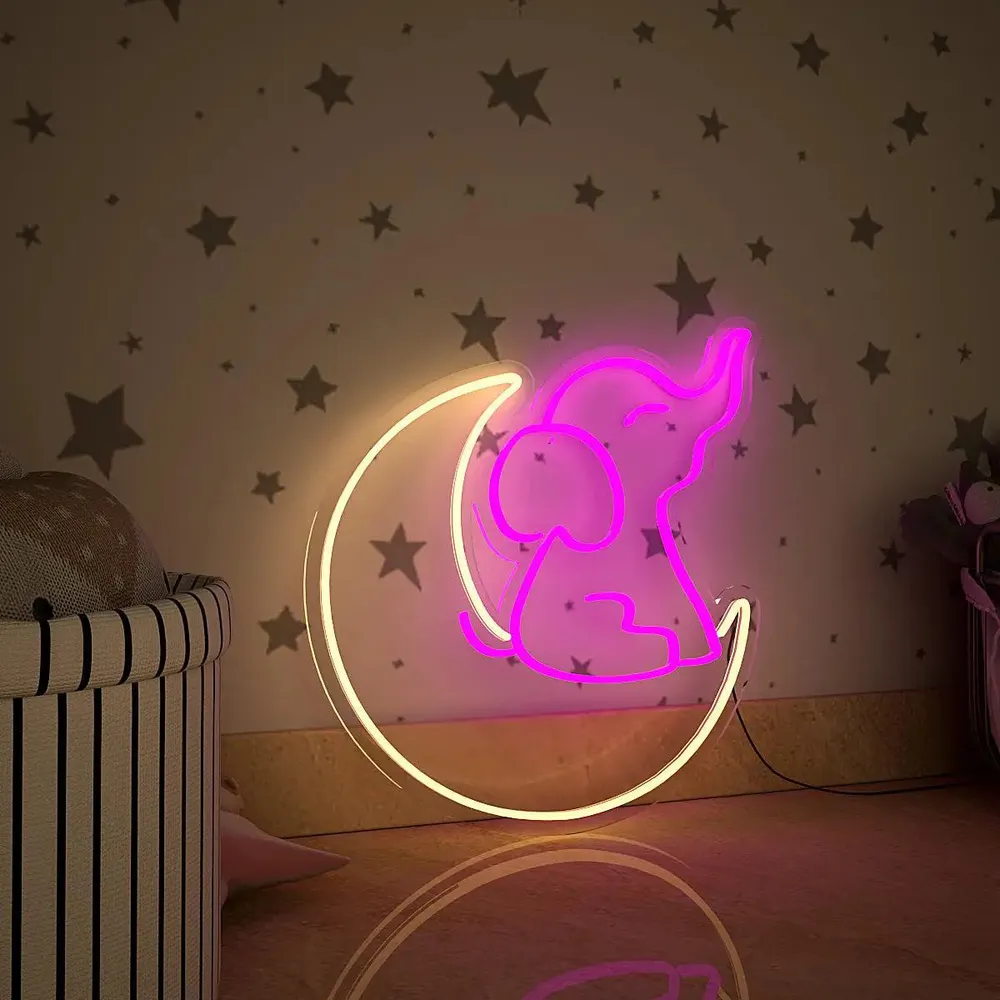 Cute Little Elephant Moon LED Neon Light (Available in multiple colors) Pink