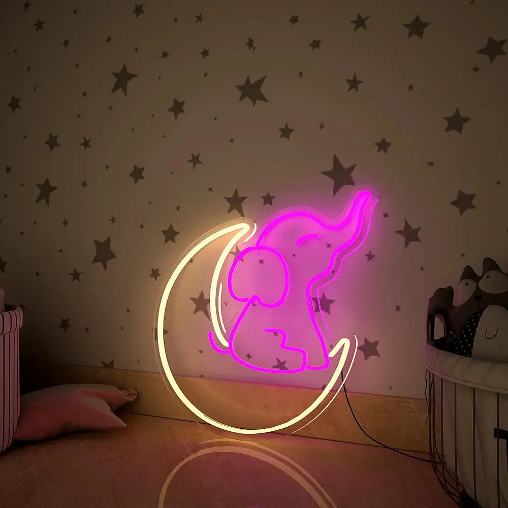 Cute Little Elephant Moon LED Neon Light (Available in multiple colors) Pink