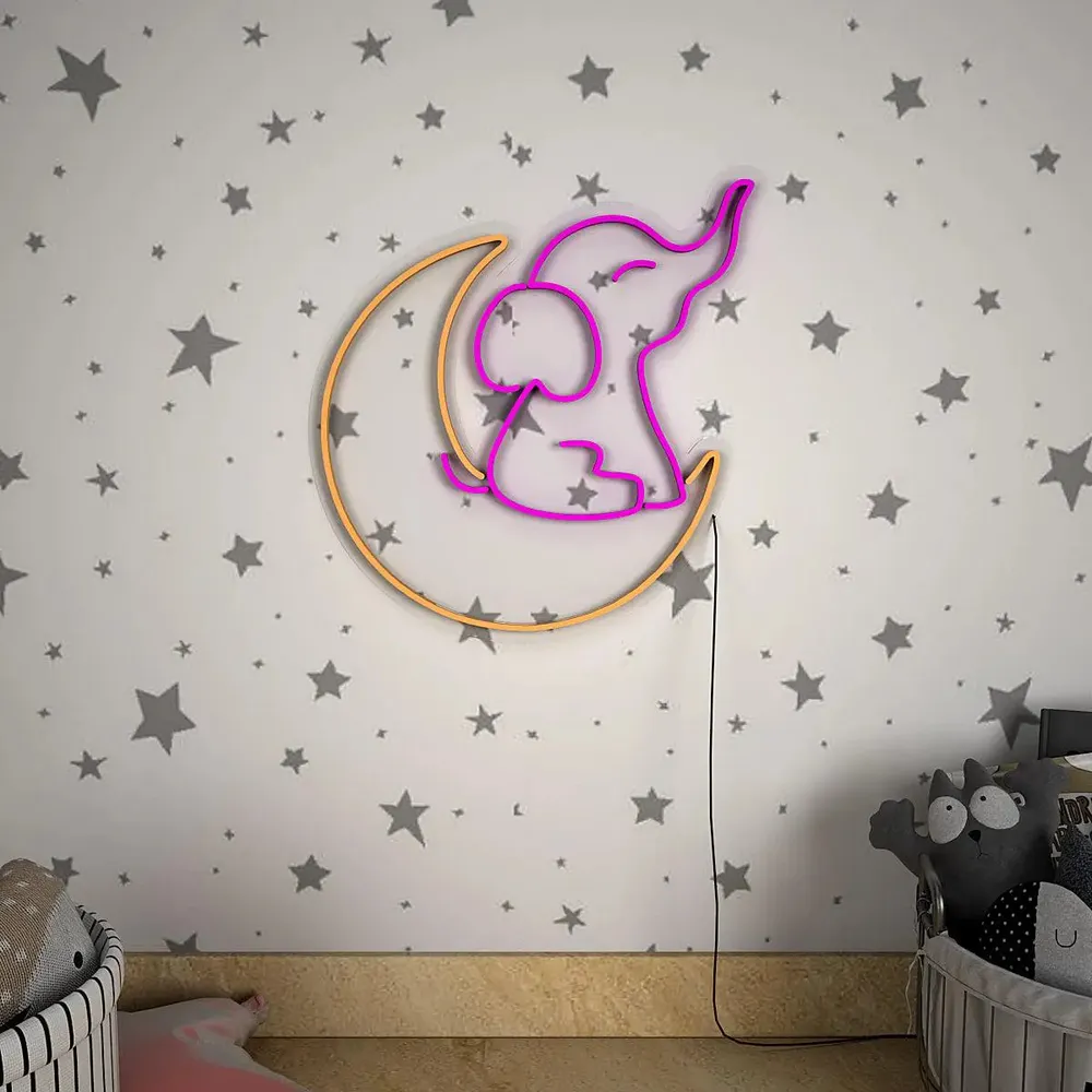 Cute Little Elephant Moon LED Neon Light (Available in multiple colors) Pink