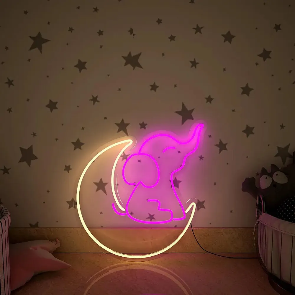 Cute Little Elephant Moon LED Neon Light (Available in multiple colors) Pink
