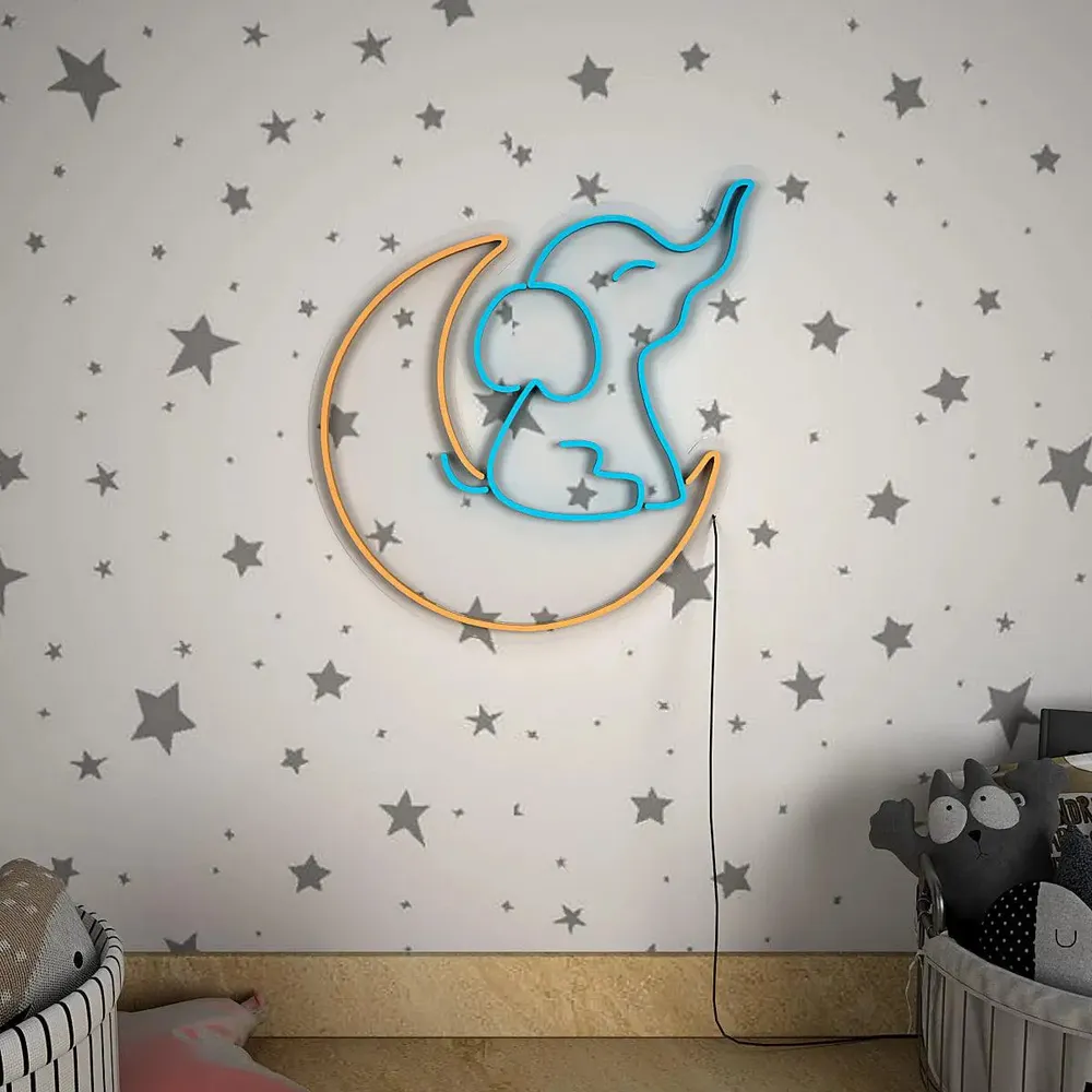 Cute Little Elephant Moon LED Neon Light (Available in multiple colors) Pink