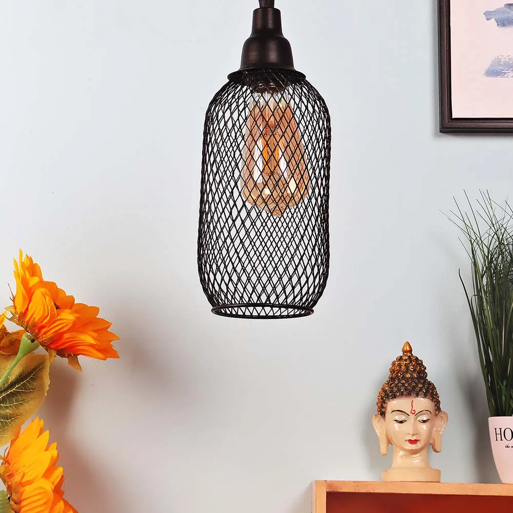 Cylindrical Black Caged Single Hanging Light