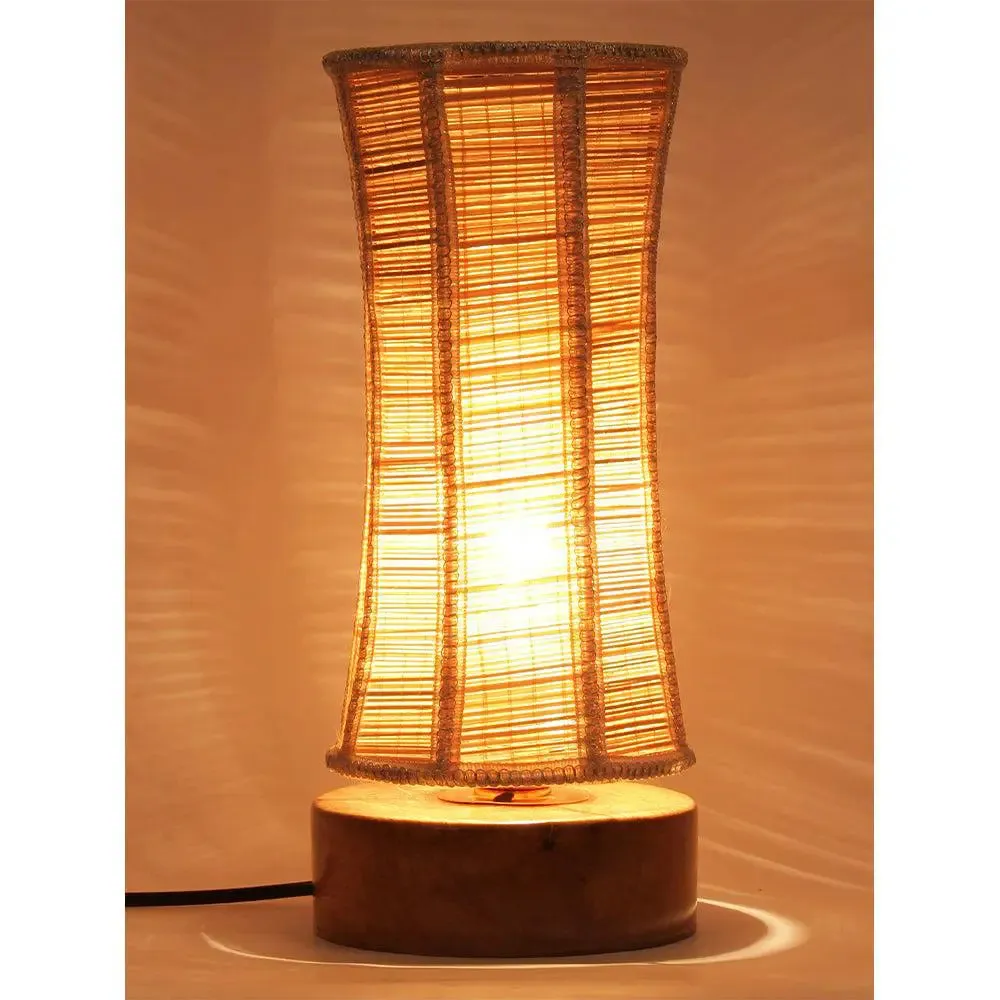 Damru Bamboo Shade with Round Wood Base Table Lamp
