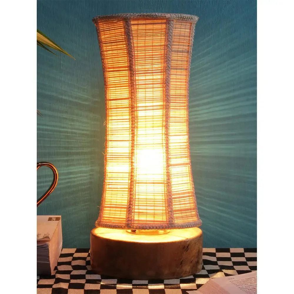 Damru Bamboo Shade with Round Wood Base Table Lamp
