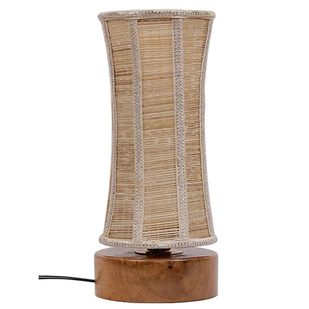 Damru Bamboo Shade with Round Wood Base Table Lamp