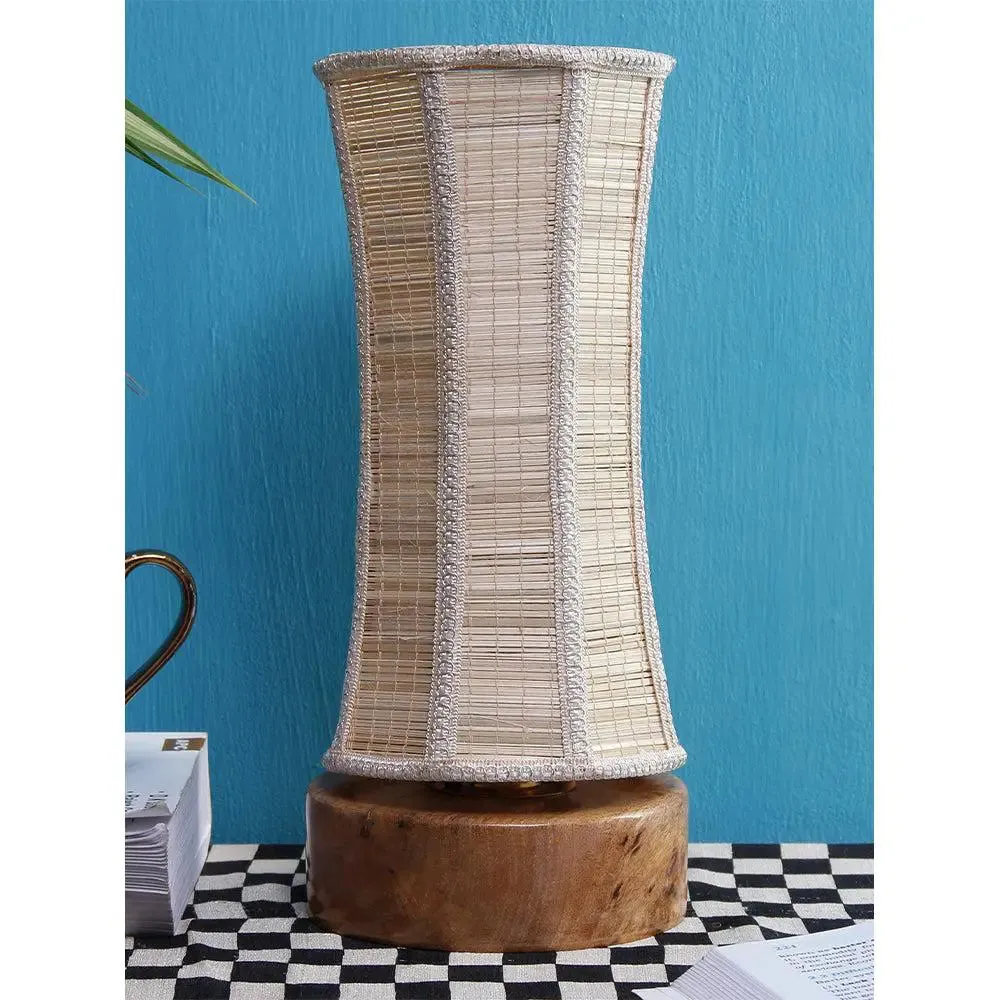 Damru Bamboo Shade with Round Wood Base Table Lamp