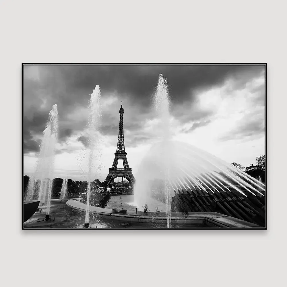 Dancing Fountain &amp; Eiffle Tower Monochromic Framed Wall Art With Floating Frame
