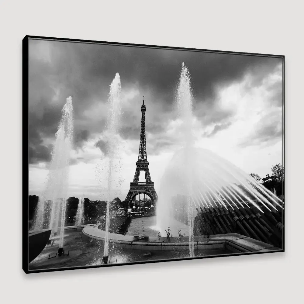Dancing Fountain &amp; Eiffle Tower Monochromic Framed Wall Art With Floating Frame