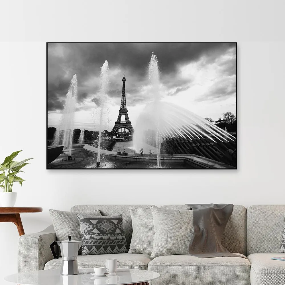 Dancing Fountain &amp; Eiffle Tower Monochromic Framed Wall Art With Floating Frame