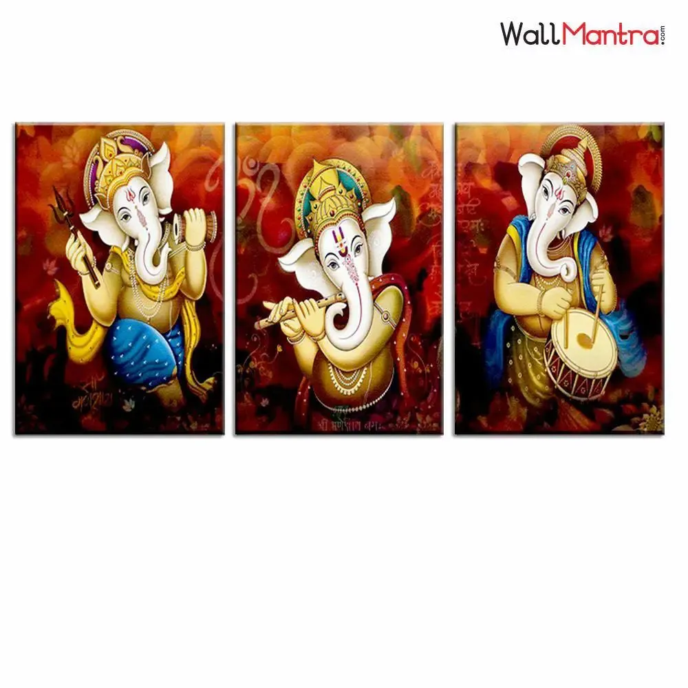 Dancing Ganesha Canvas Painting 3 Pieces In Wooden Frame