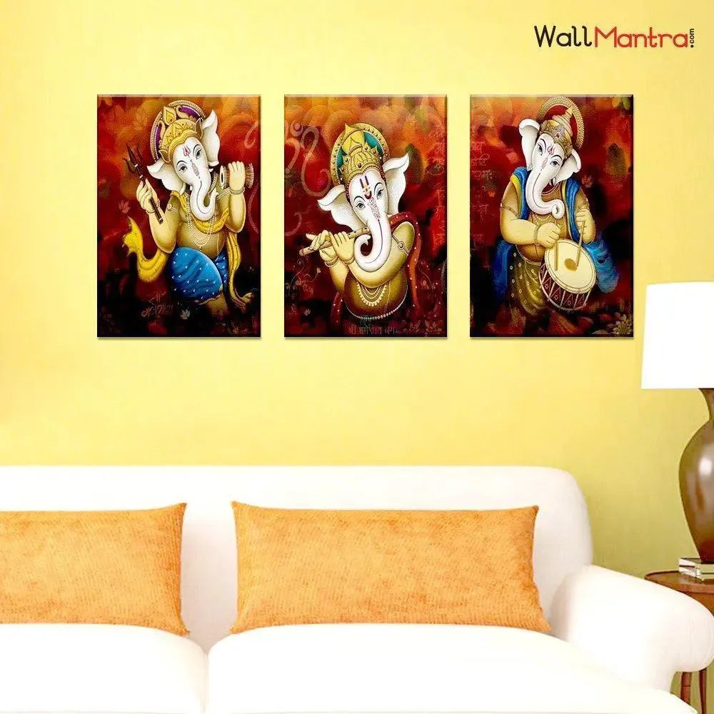 Dancing Ganesha Canvas Painting 3 Pieces In Wooden Frame