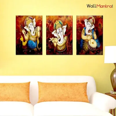 Dancing Ganesha Canvas Painting 3 Pieces In Wooden Frame