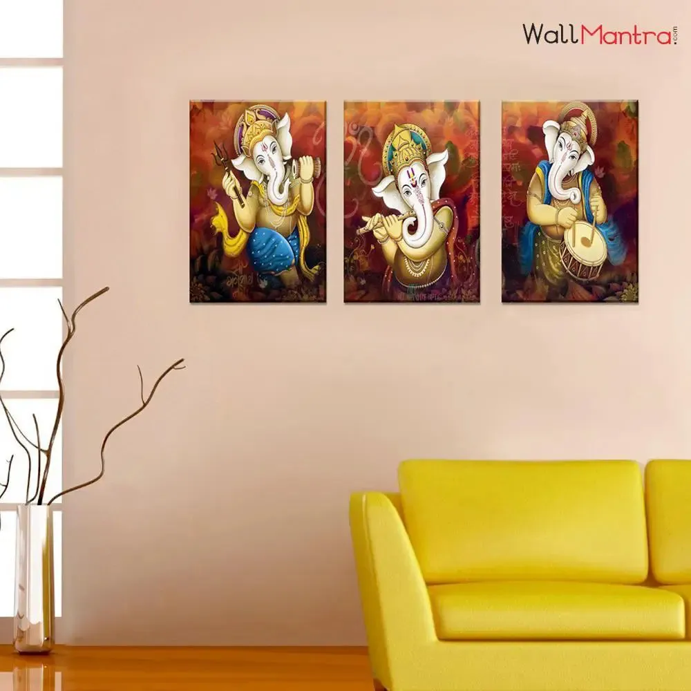 Dancing Ganesha Canvas Painting 3 Pieces In Wooden Frame