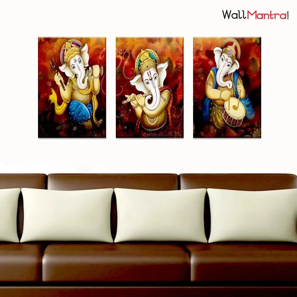 Dancing Ganesha Canvas Painting 3 Pieces In Wooden Frame