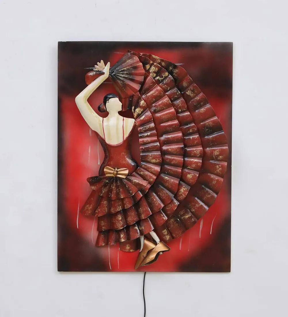 Dancing Lady In Alluring Maroon Dress Metal Wall Decor