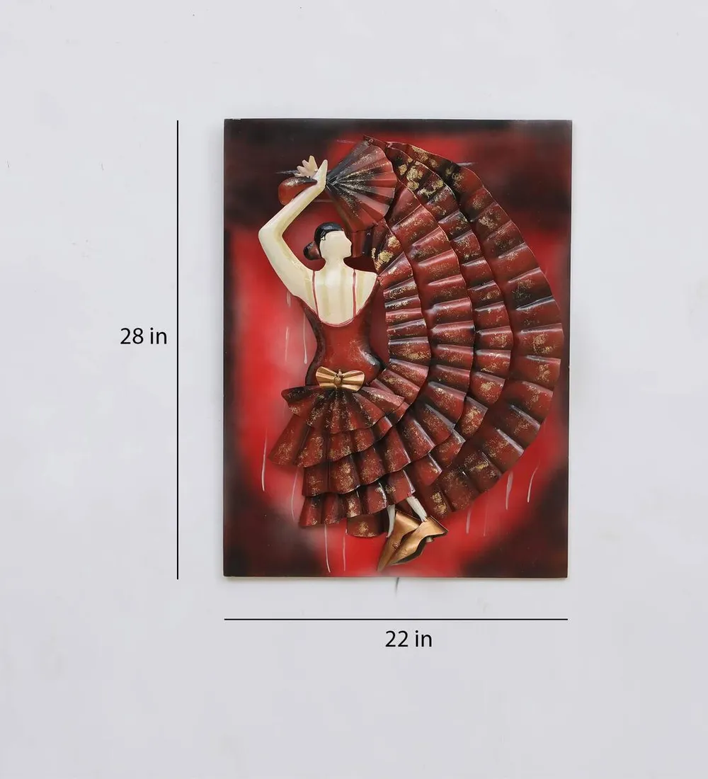 Dancing Lady In Alluring Maroon Dress Metal Wall Decor