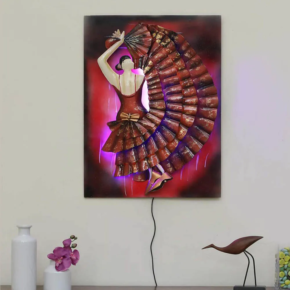 Dancing Lady In Alluring Maroon Dress Metal Wall Decor
