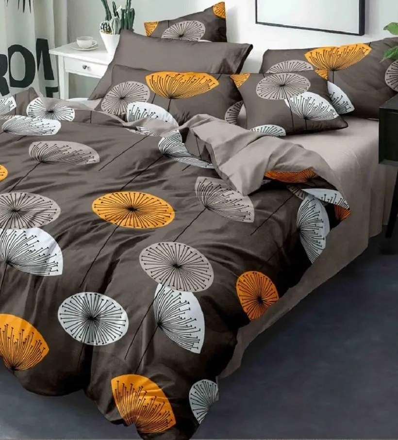 Dandelion Print Double Bedsheet With 2 Pillow Covers (Grey)