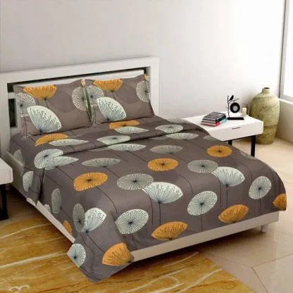 Dandelion Print Double Bedsheet With 2 Pillow Covers (Grey)