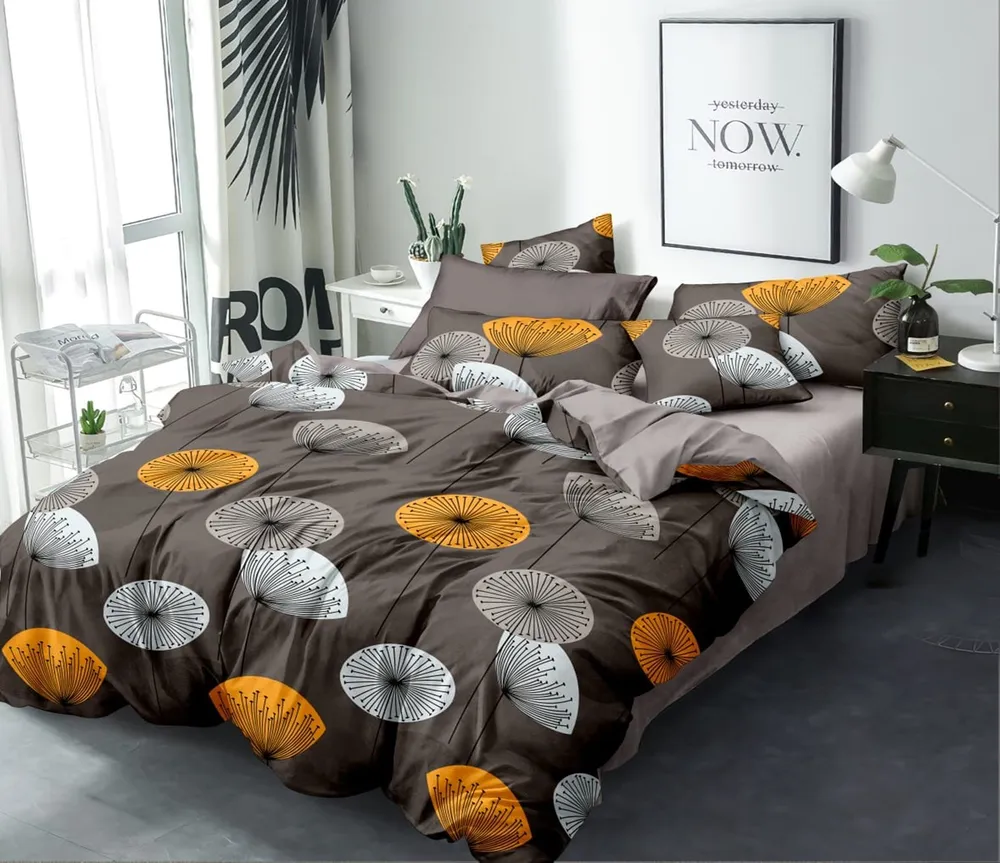 Dandelion Print Double Bedsheet With 2 Pillow Covers (Grey)