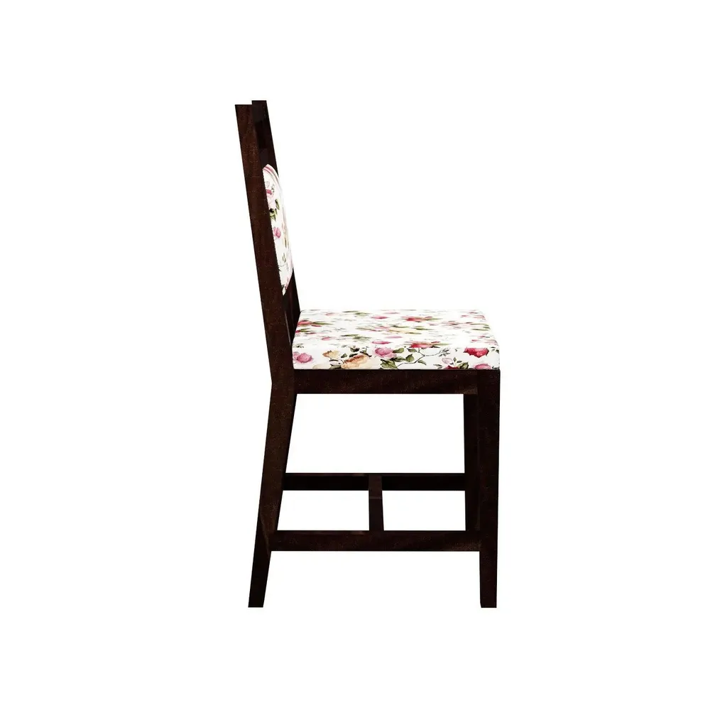 Dark Brown Contemporary Style Sheesham Wood Dining Table 6 Seater With Floral Printed Padded Chairs