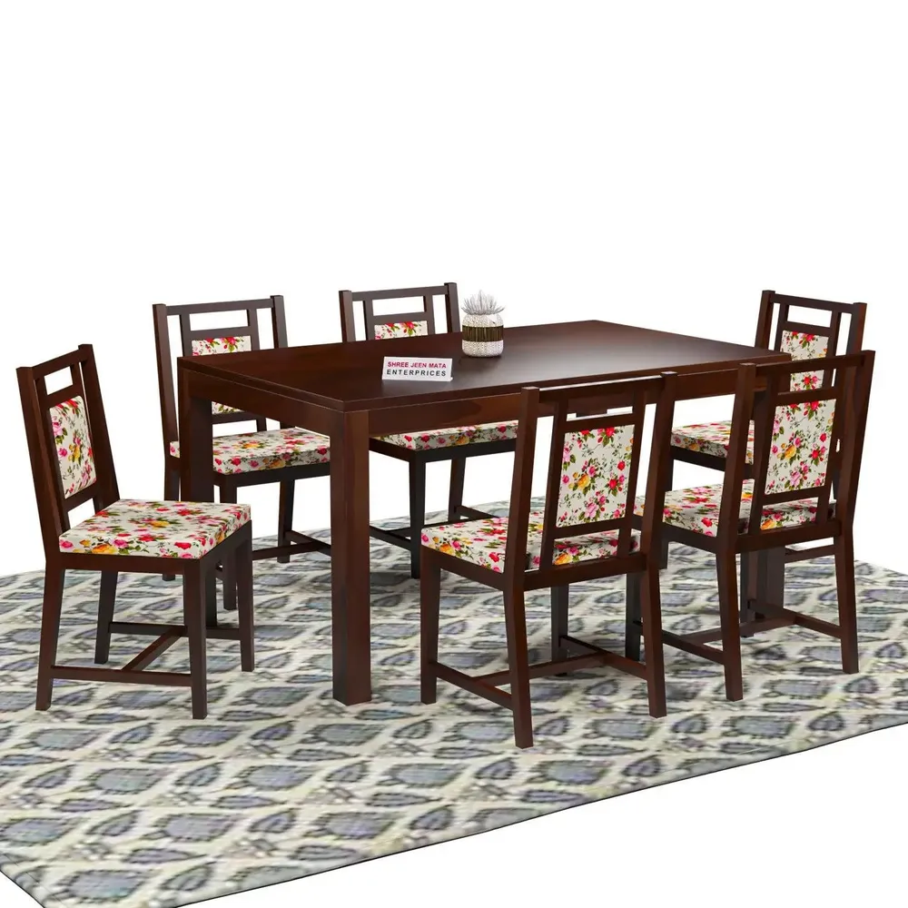 Dark Brown Contemporary Style Sheesham Wood Dining Table 6 Seater With Floral Printed Padded Chairs