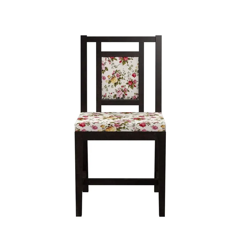 Dark Brown Contemporary Style Sheesham Wood Dining Table 6 Seater With Floral Printed Padded Chairs
