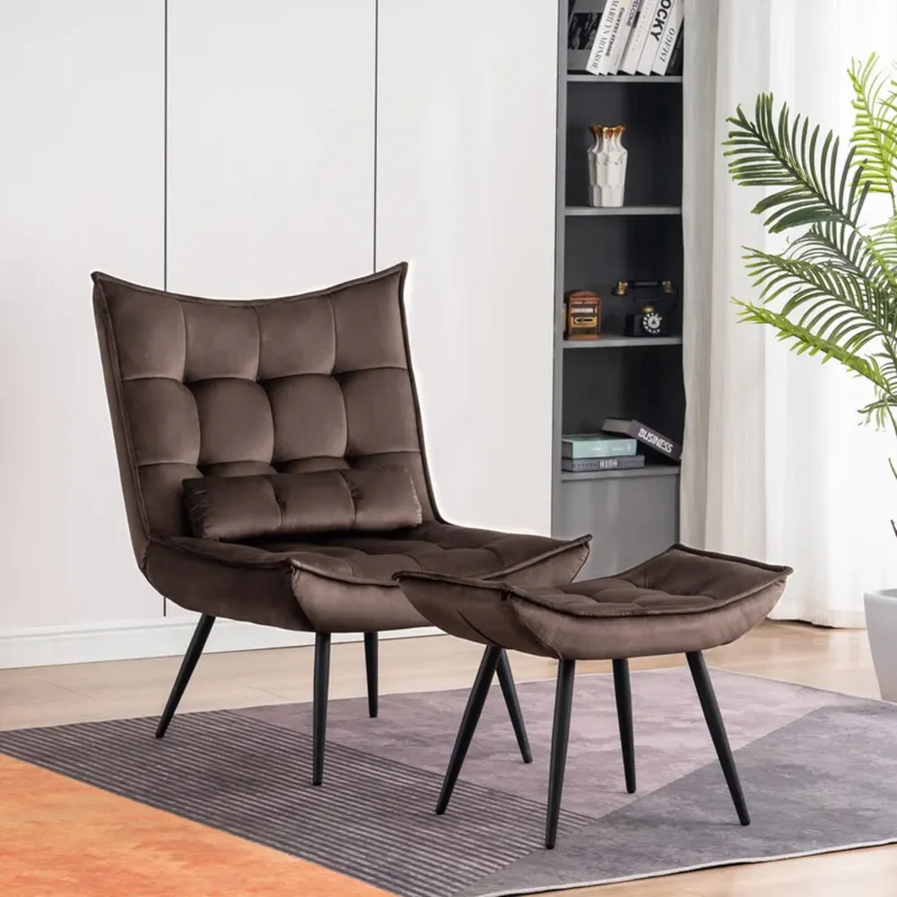 Dark Chocolate Leatherette Armchair With Footrest & Cushion Single Piece