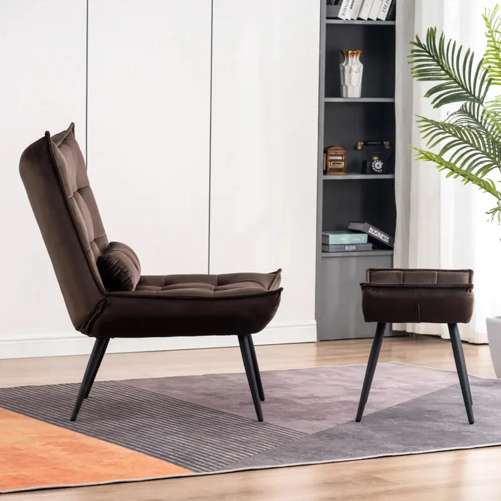 Dark Chocolate Leatherette Armchair With Footrest & Cushion Single Piece