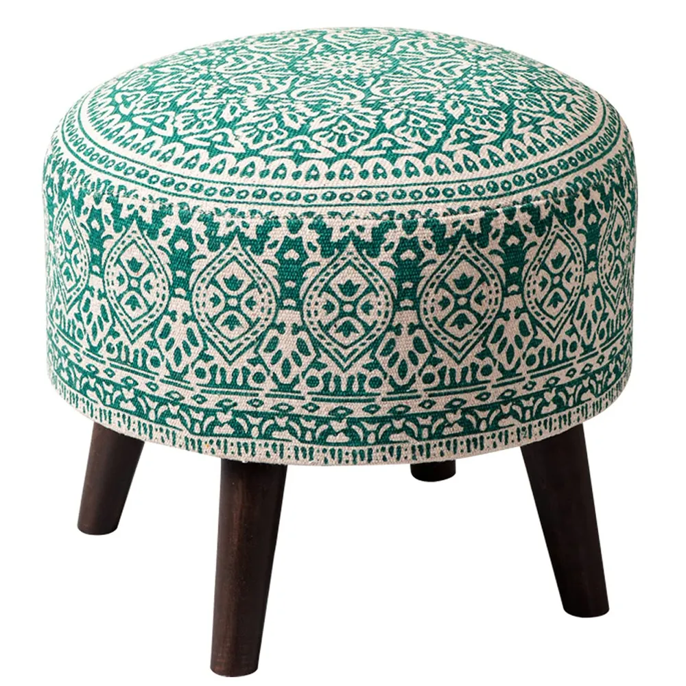Dark Green Ethnic Print Round Upholstered Ottoman Wood Stool