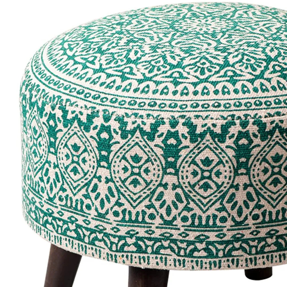 Dark Green Ethnic Print Round Upholstered Ottoman Wood Stool
